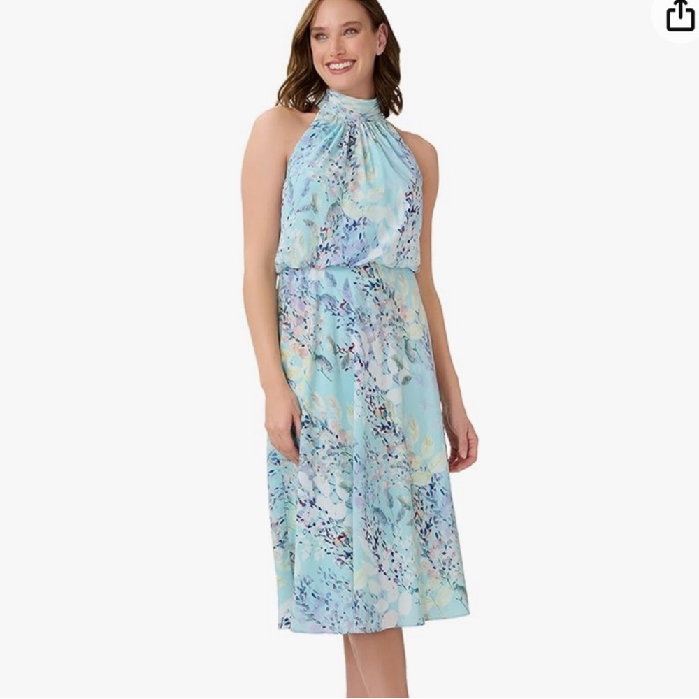New Adrianna Papell Light Blue Floral Midi Dress